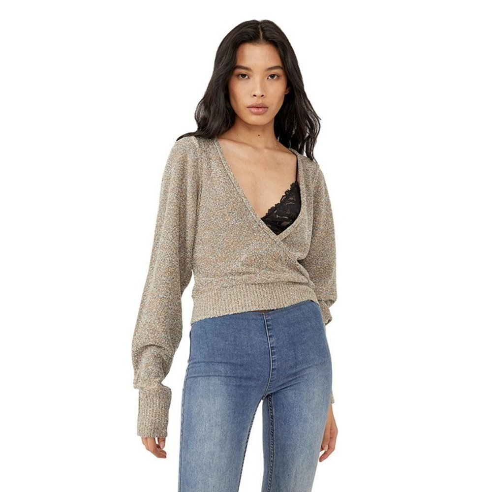 NWT New $128 Free People Going for the Gold Top Wrap Sweater Size L